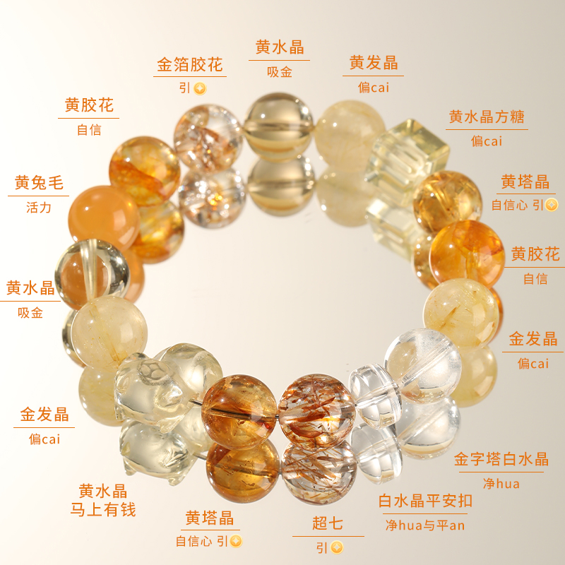 【摇钱树】天然多宝水晶手链超七黄水雕刻马上有钱金发晶超七黄塔金
