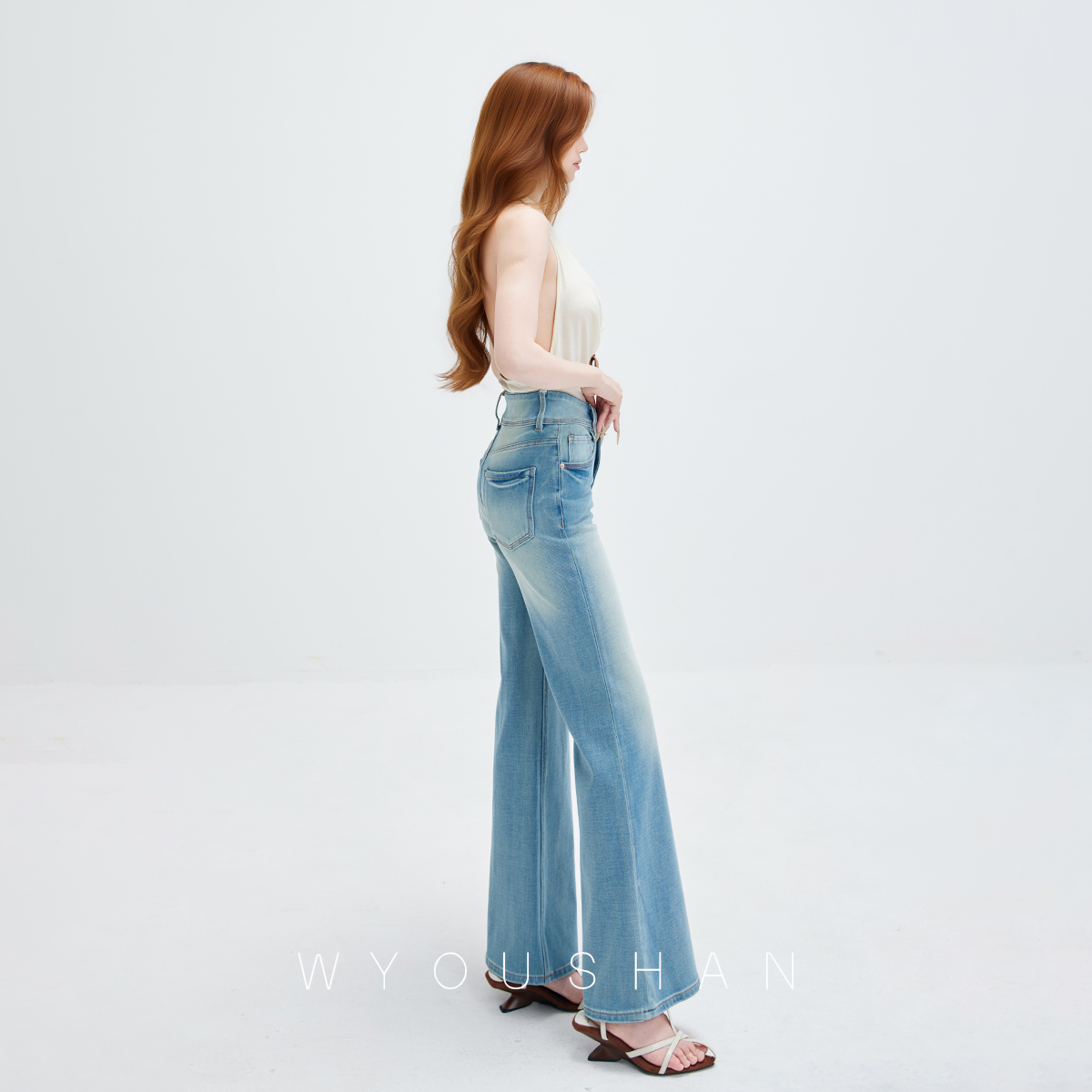 【王幼珊】微喇牛仔裤女高腰长裤秋冬季小个子喇叭裤子 雪后9305