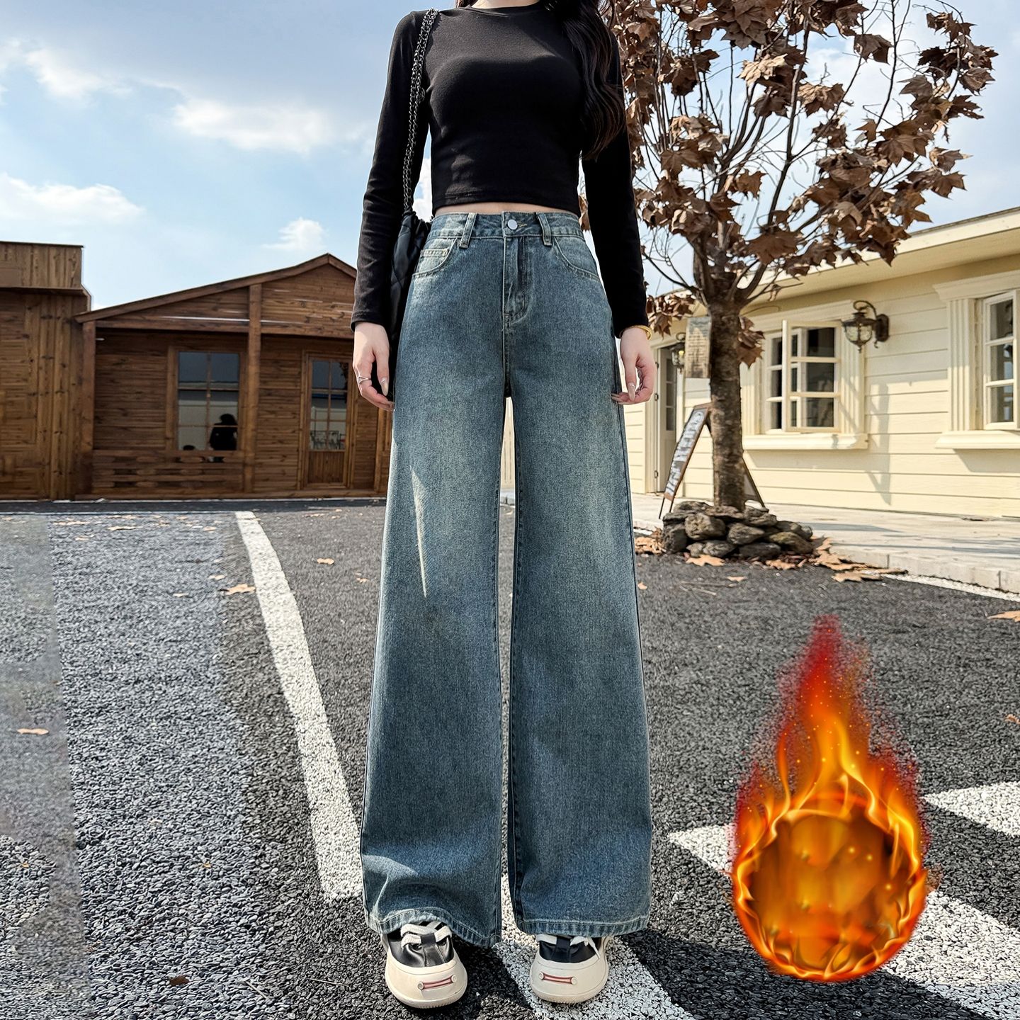 小个子女复古阔腿牛仔裤小个子新款拖地裤宽松慵懒显瘦高腰直筒女