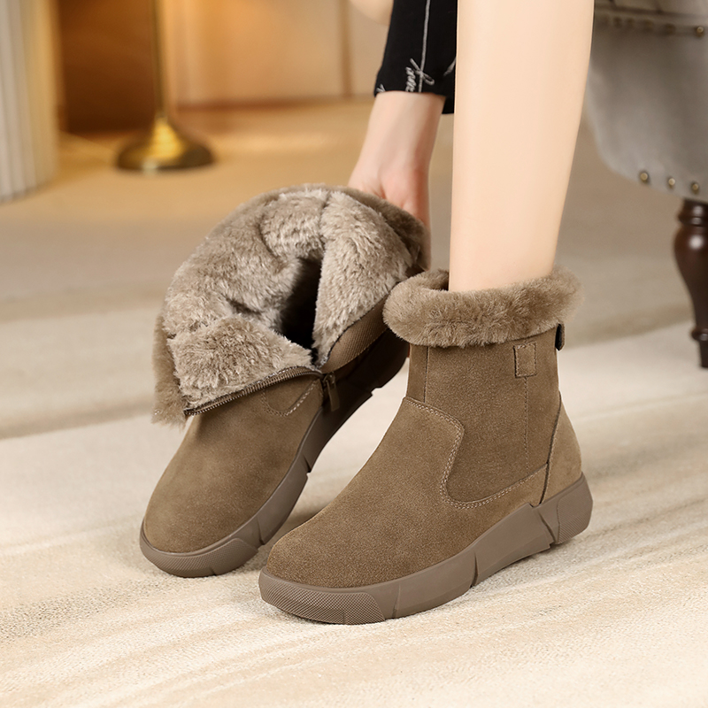 X2788平底雪地靴2025新款女冬毛口加绒加厚短靴防滑东北大棉鞋