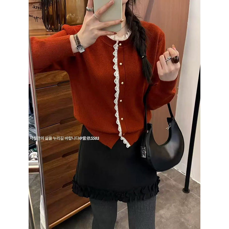 【红色】3874开衫外套超柔软高品质圆领蕾丝花边上衣