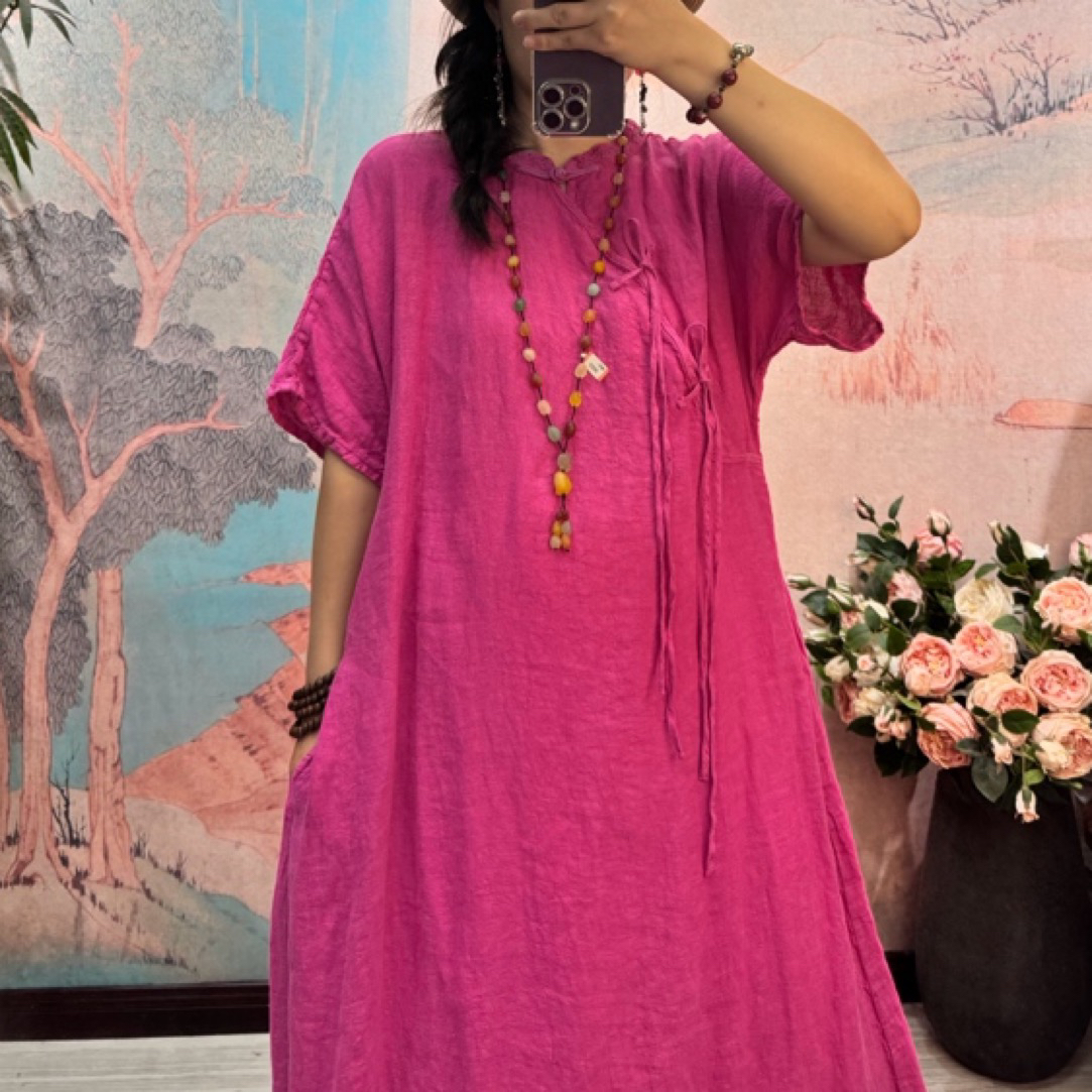 9015定制款 宽松 夏季 改良旗袍 立领系带A字版 斜襟亚麻连衣裙