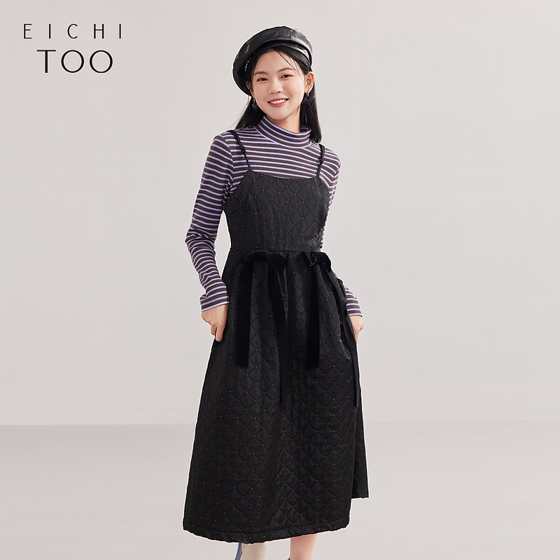 爱居兔冬女装中长裙可拆卸蝴蝶结提花吊带连衣裙EQLDJ4M001A