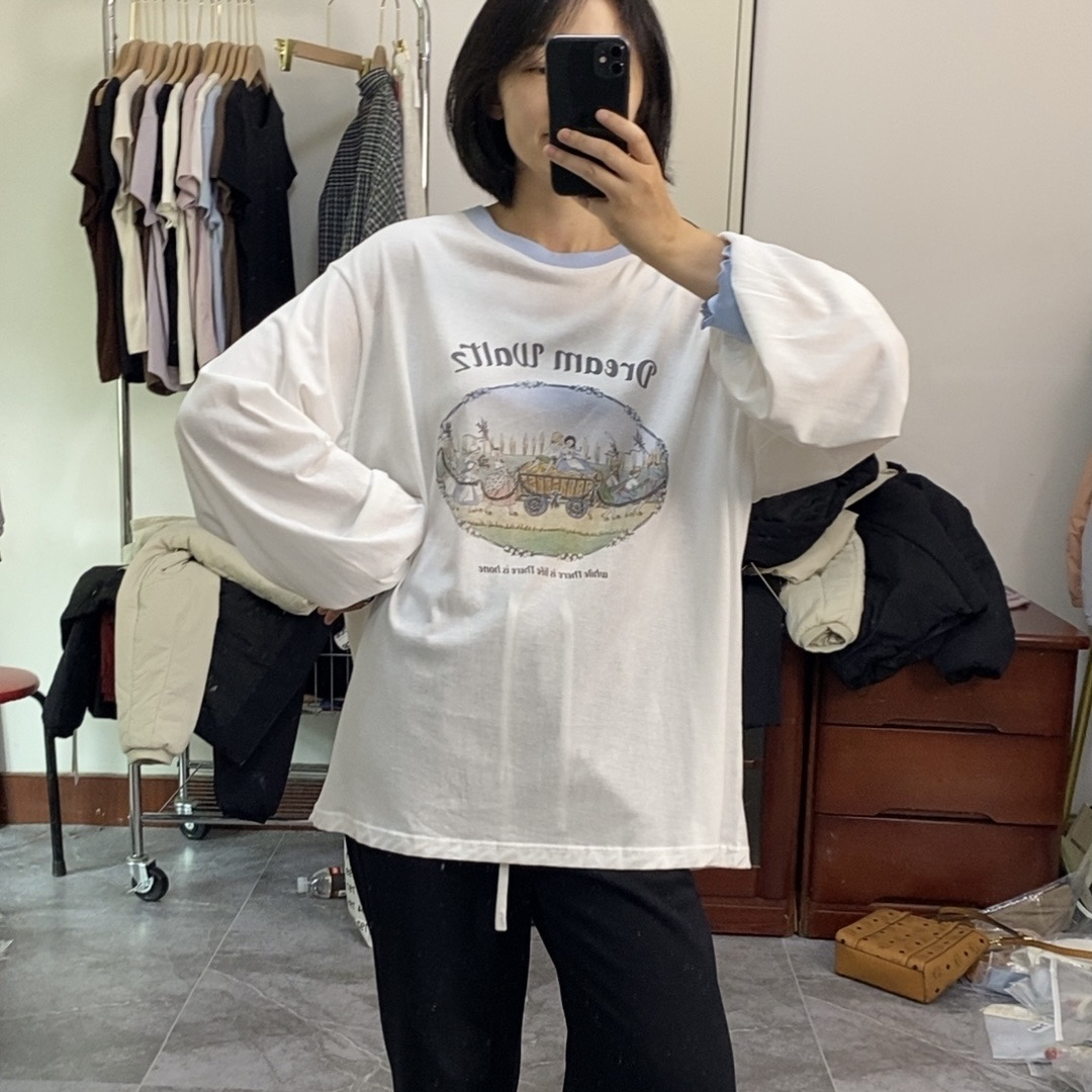 花园农场｜长款无感印花长袖T恤女，特价