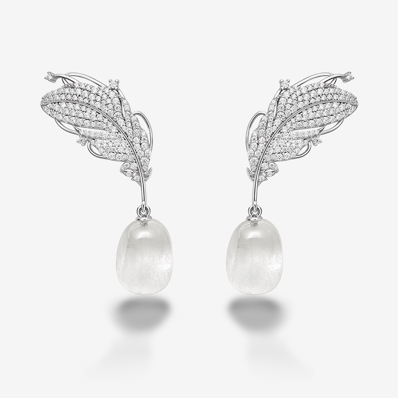 925银耳饰 HEFANG何方珠宝白晶羽毛耳环耳钉轻奢耳饰生日礼物