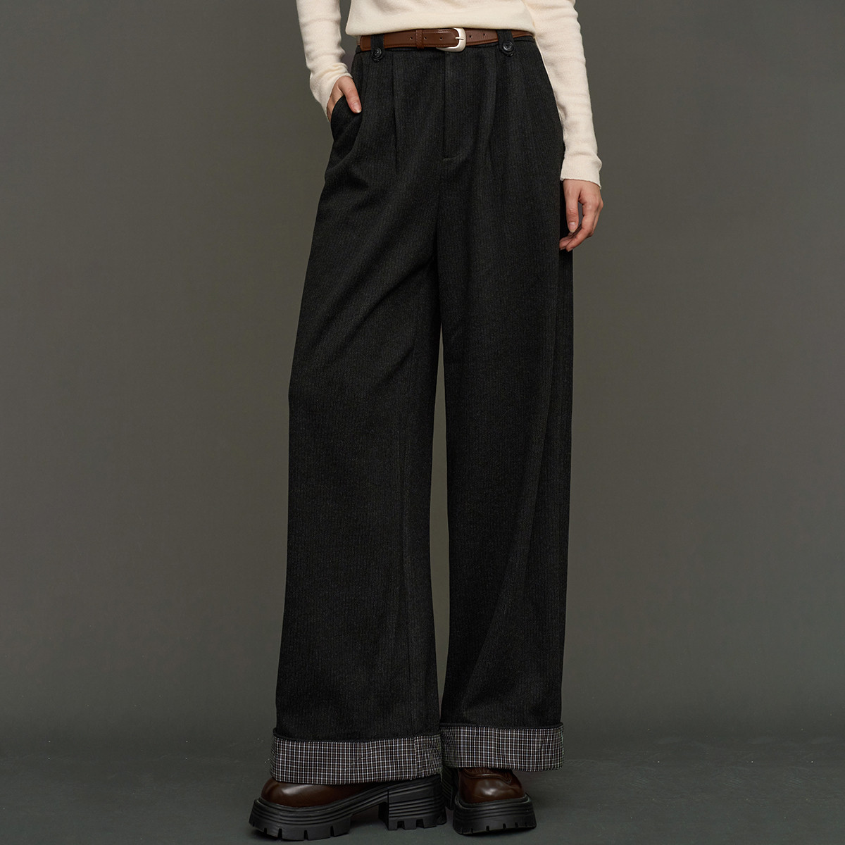 【茉茉专属】垂感翻边脚口拼接格子保暖阔腿裤休闲裤AEW4P3H94