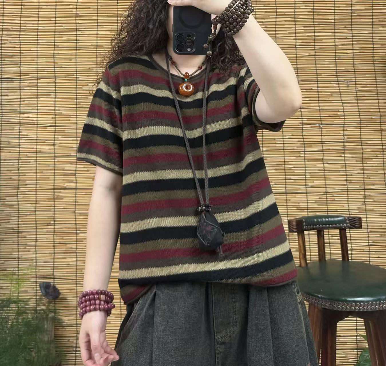 98161针织彩条圆领短袖（长58左右，90-150斤）