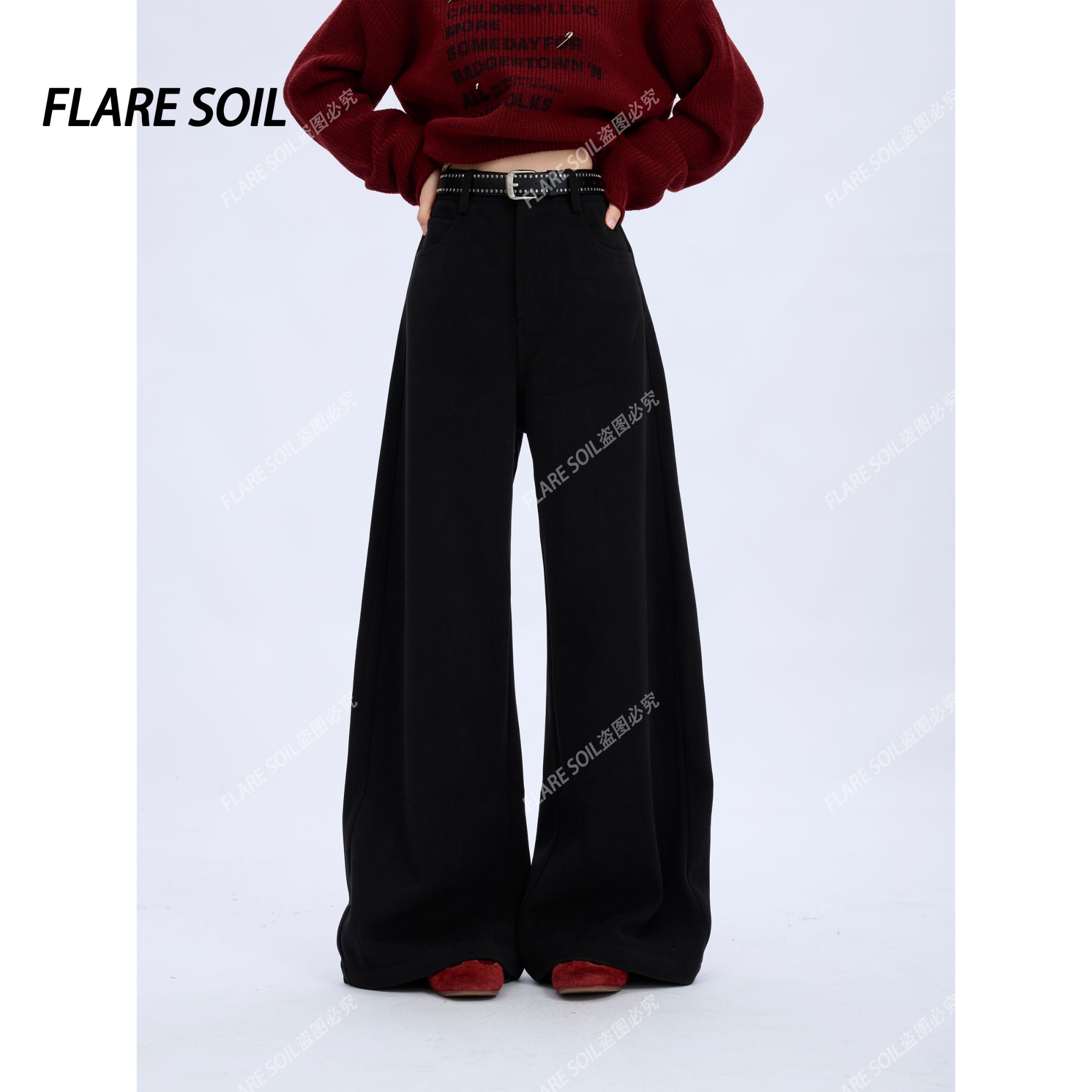 【FLARE SOIL】 阔腿裤毛呢料铆钉皮带休闲裤穿搭长裤 T40051B