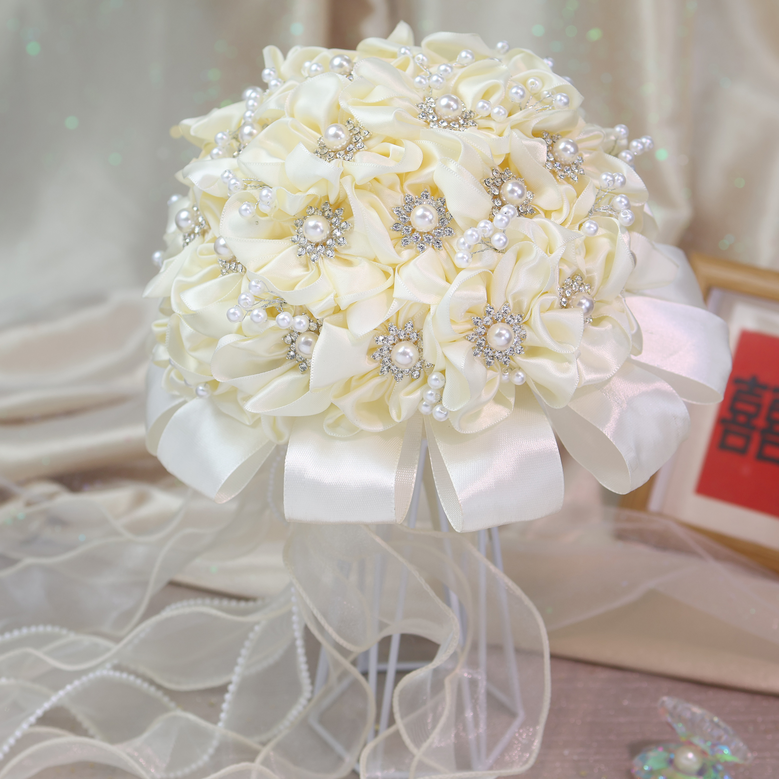 合金婚庆饰品 韩式新娘手捧花结婚礼物带钻珍珠新郎接亲手拿花球