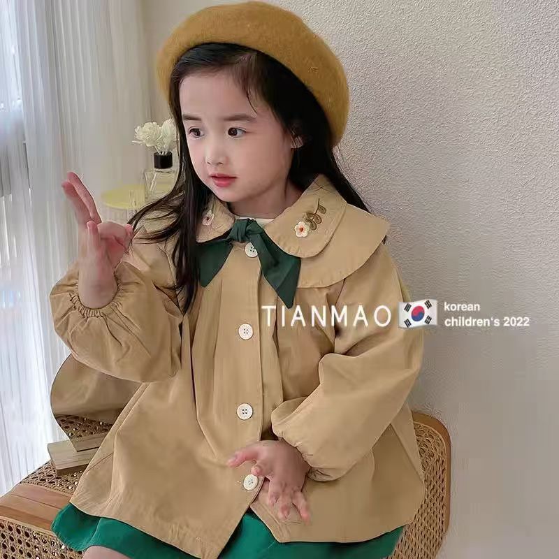 251-秋新款女童刺绣娃娃领中长款风衣