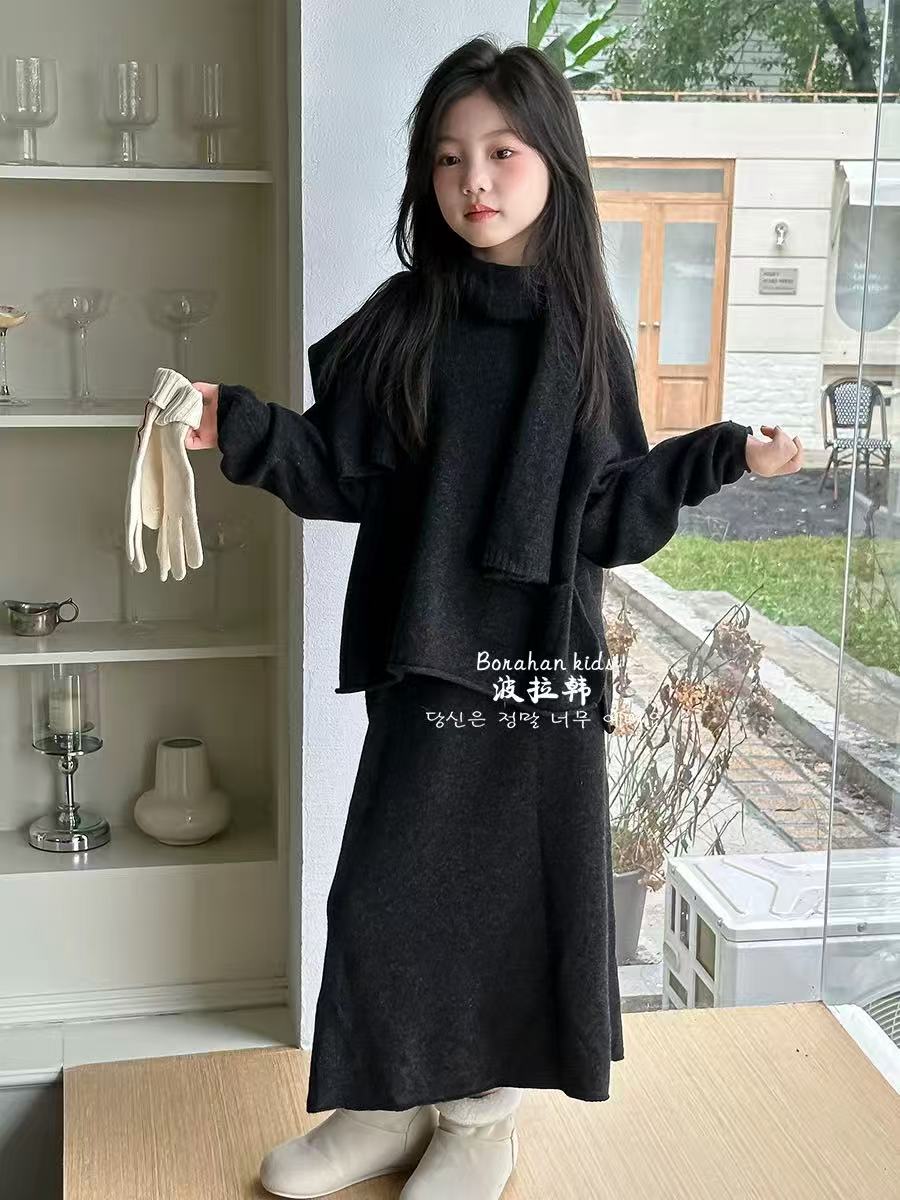 BORAHANKIDS傩-三件套2025秋冬儿童洋气时髦针织衫裙子两件套