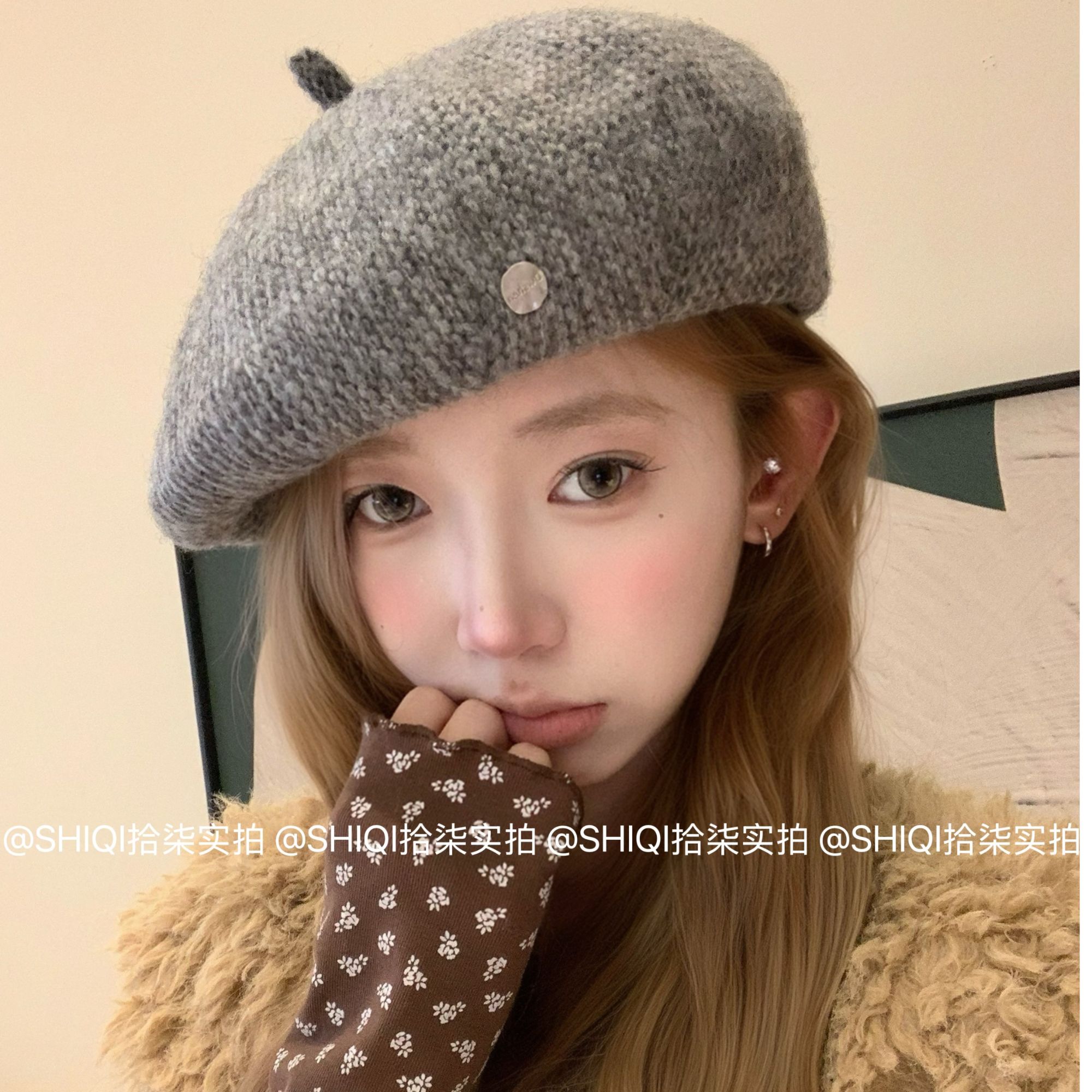 新款小圆标羊毛针织贝雷帽可调节秋冬大头围显脸小文艺百搭氛围感