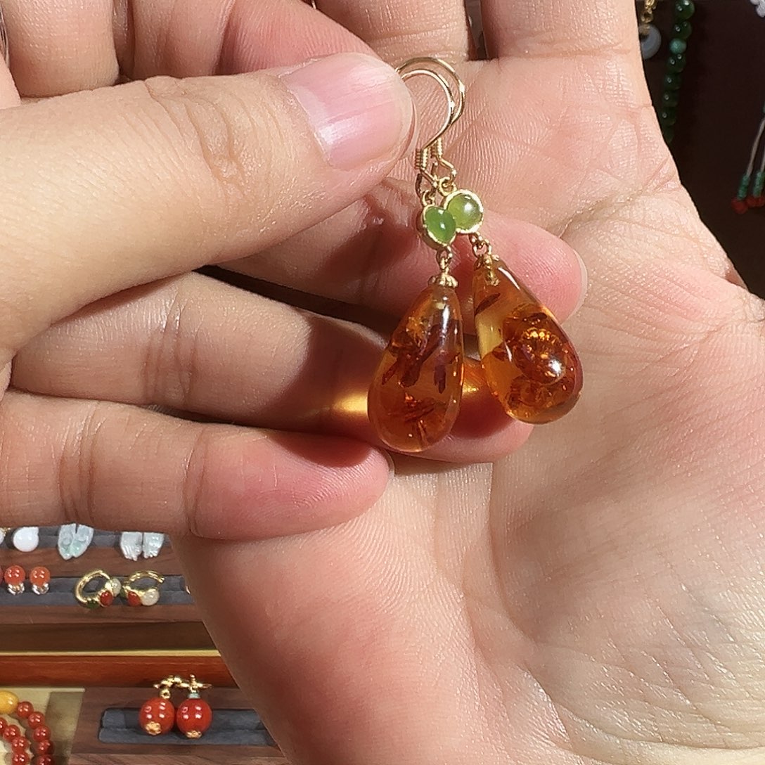 琥珀耳饰银S925镶嵌天然