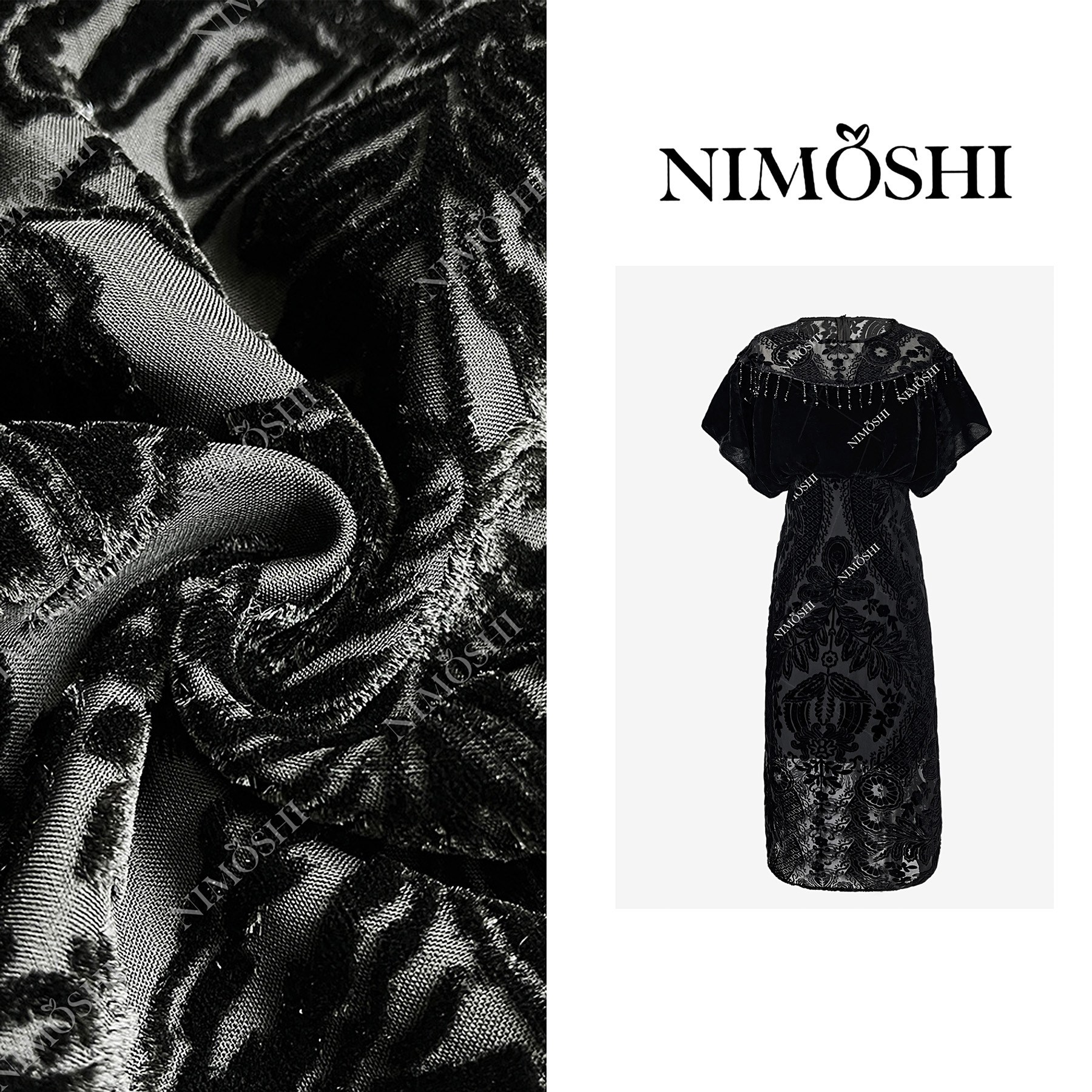 NIMOSHI莎莎高级感流苏设计亮黑网纱花卉刺绣气质显瘦连衣裙Q2002