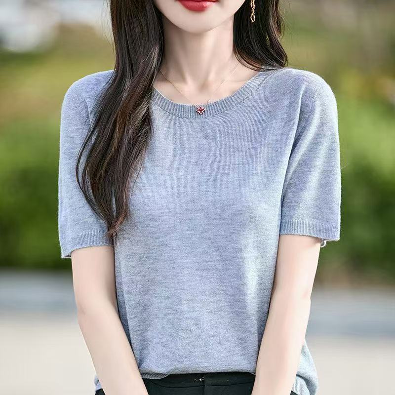 熙兰雅 一线成衣薄款精仿羊毛女士上衣圆领短袖v913 J03842