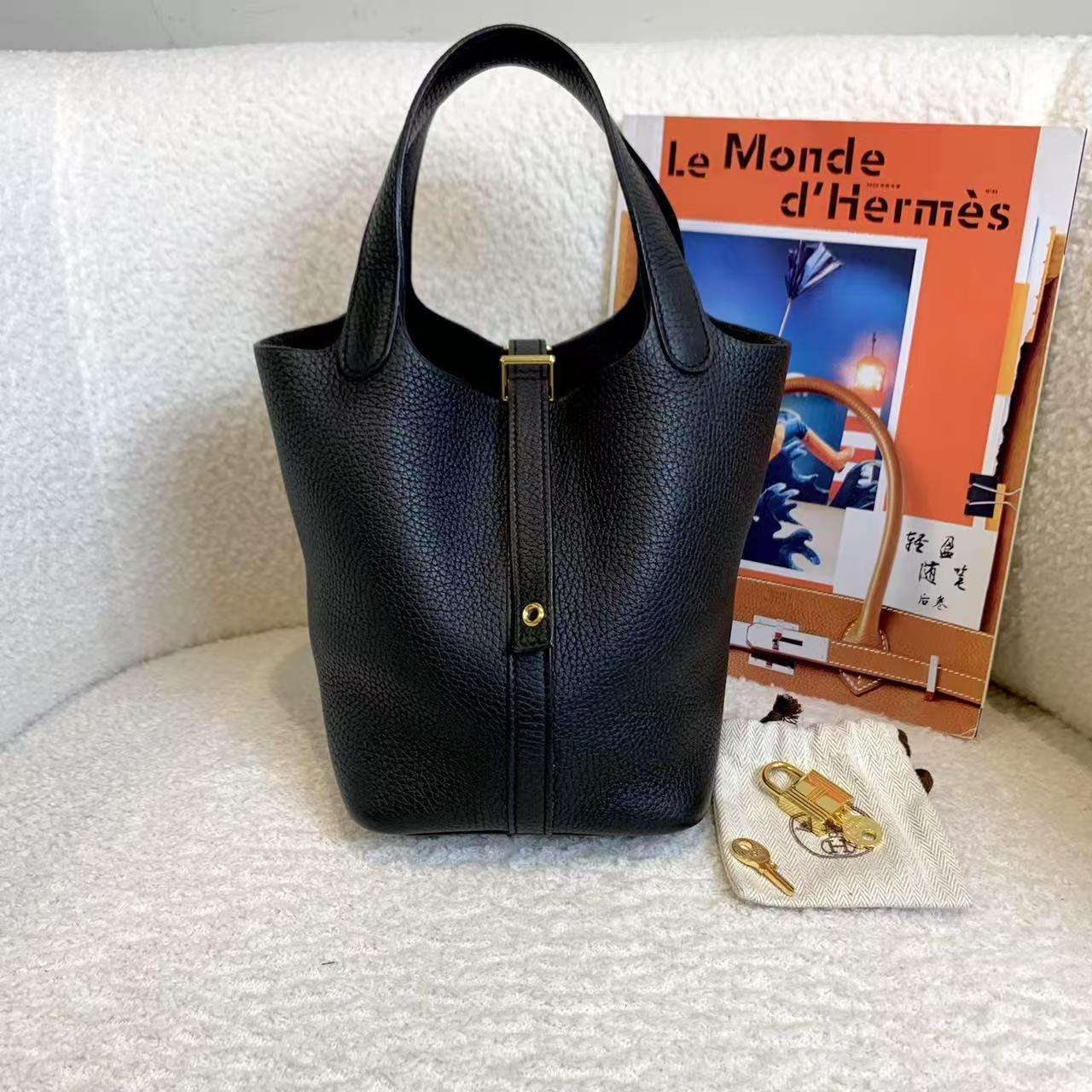 99新 Hermes/爱马仕 壹臻/黑金菜篮子18 Z刻t c皮 14703454