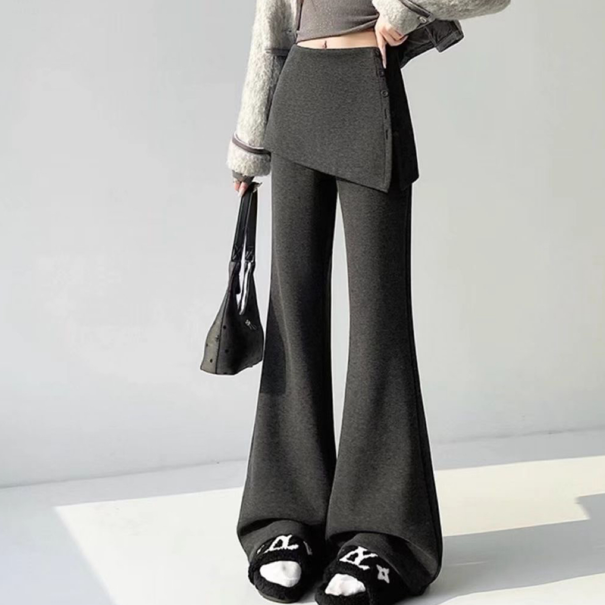加绒假两件屁帘微喇叭裤女秋冬高腰显瘦休闲拖地阔腿长裤