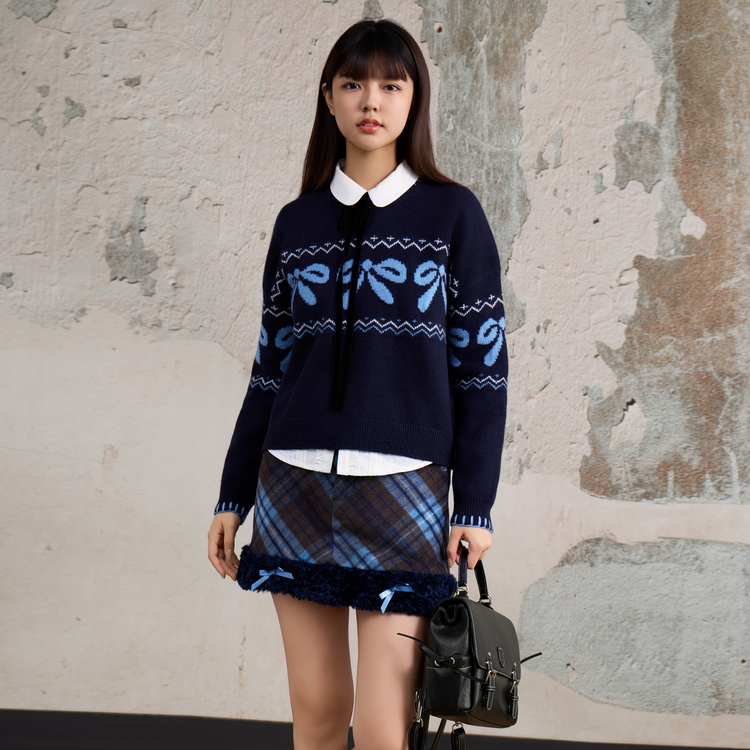 西町村屋学院风套装2025新款蝴蝶结毛衣搭格纹裙上下套XAAD10553