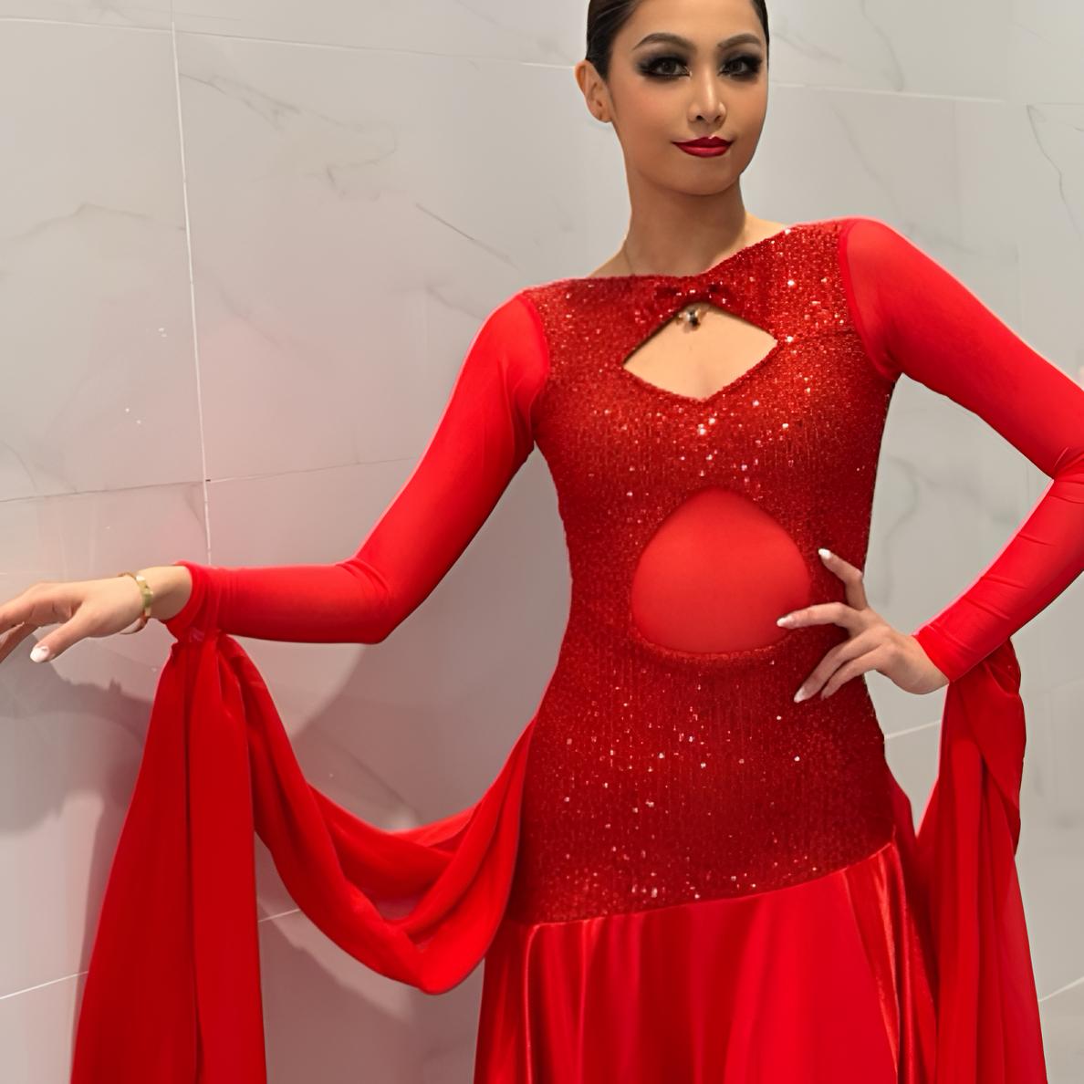 DM DANCEWEAR 国标舞服 ｜亮片飘纱连衣裙｜舞会表演修身设计大摆