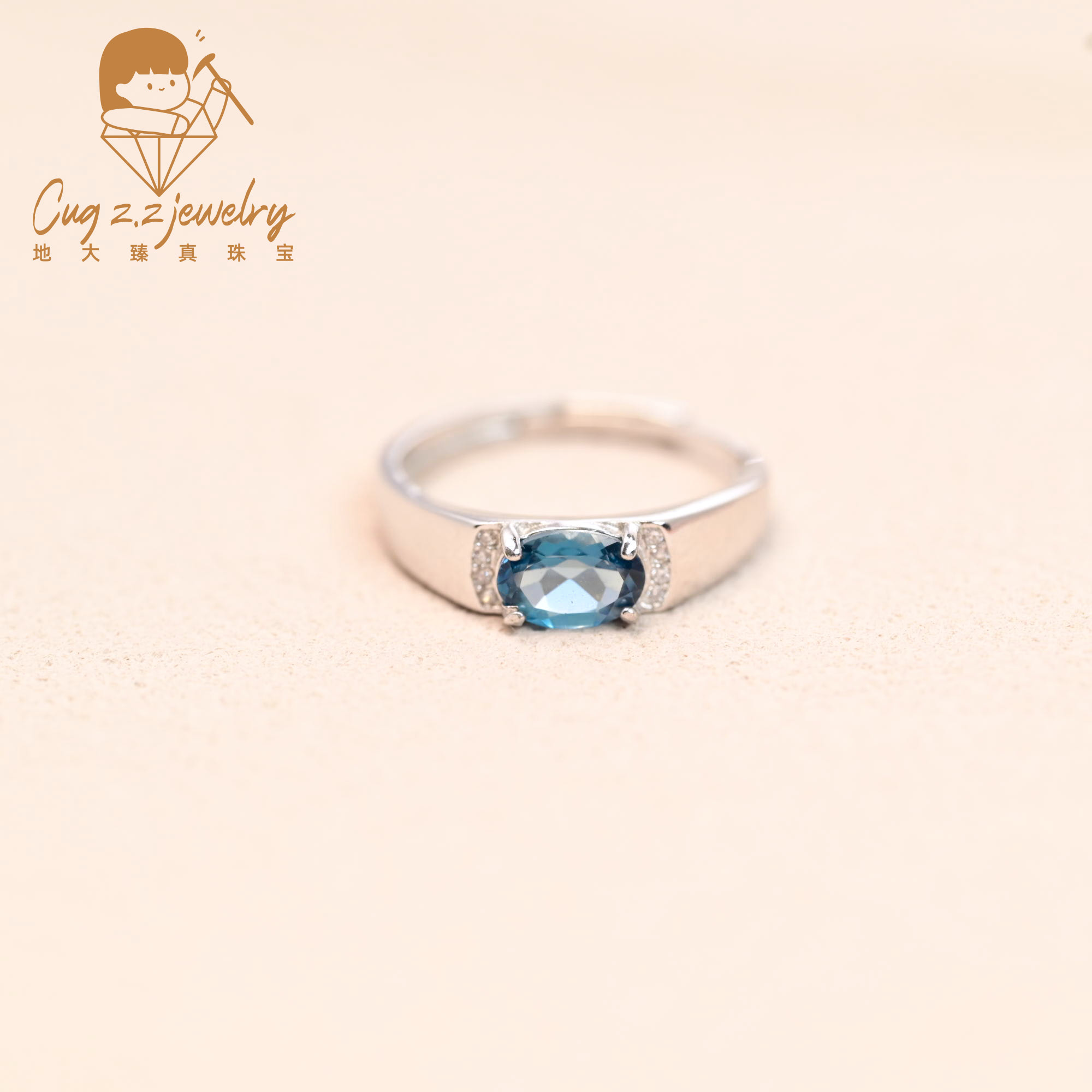 伦敦蓝托帕石珠宝戒指男款高级轻奢宝石礼物925银