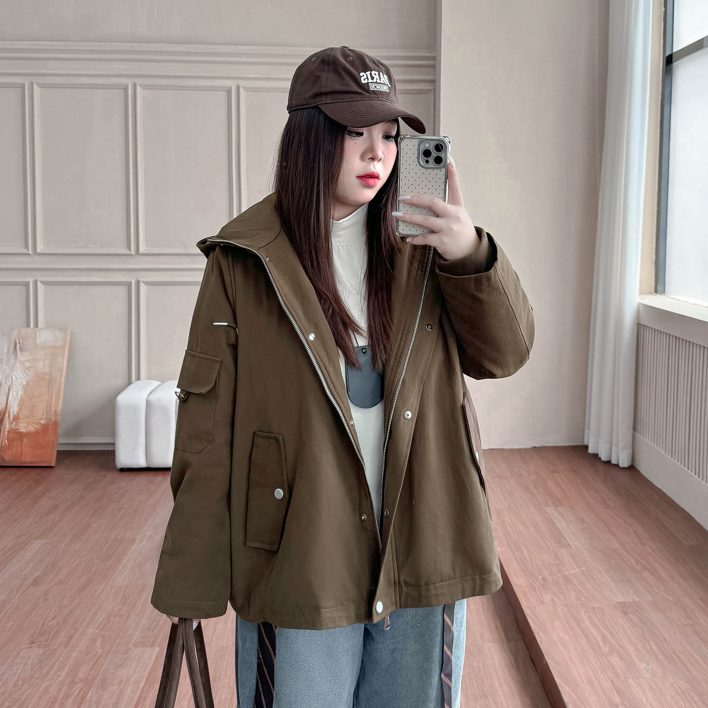 DD8396大码女装【松弛工装派克服】胖mm秋冬季连帽立领保暖棉衣外套