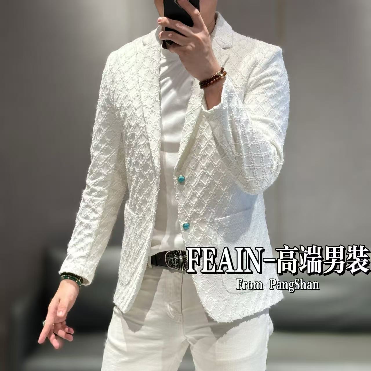 100棉牛仔重水洗菱形格磨破工艺松石绿纽扣设计小西装6616