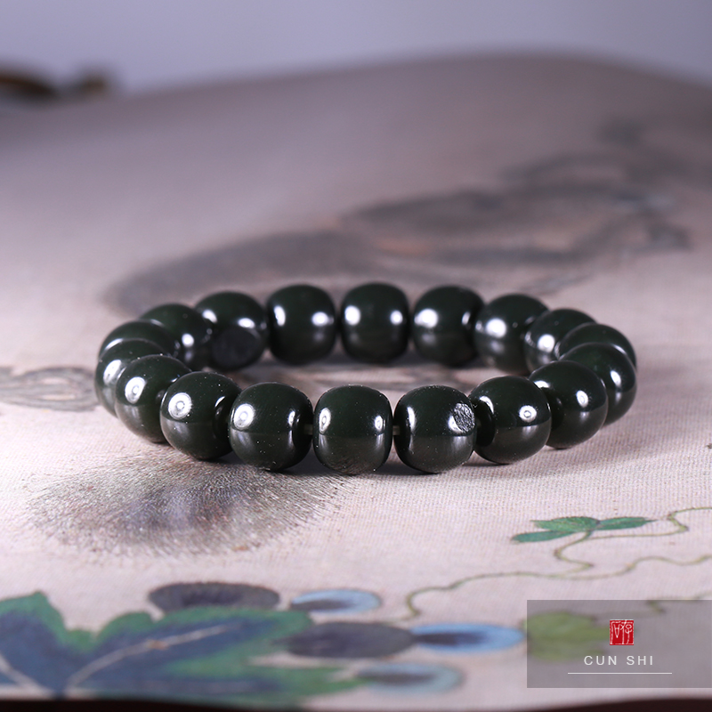 天然存石新疆和田玉黑青老型珠手串苹果珠手链卡11x10男女款