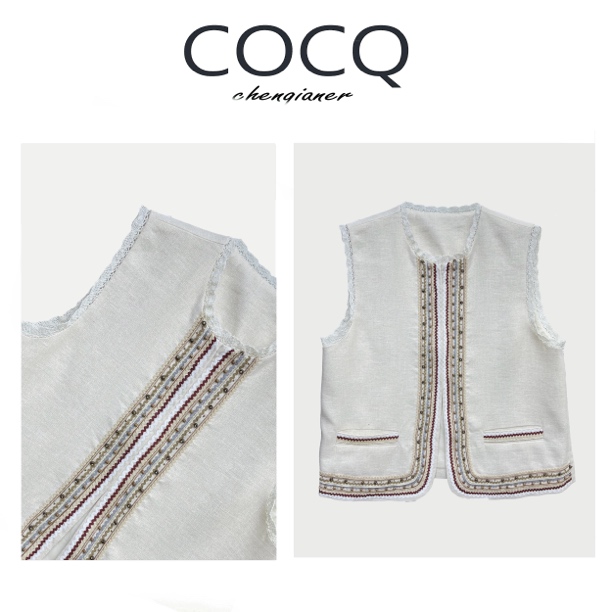 【COCQ】蕾丝花边绣花钉珠拼色拼接亚麻马甲休闲气质百搭