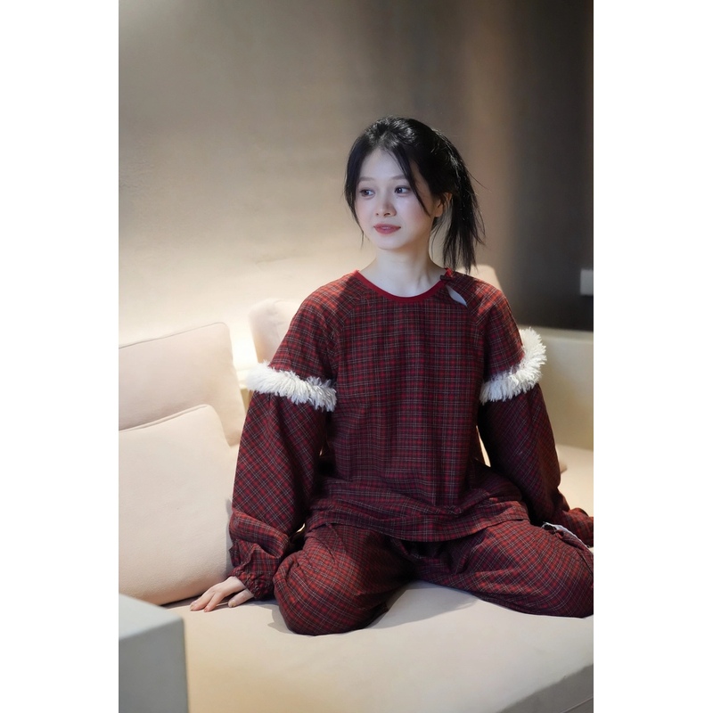 《海城朵朵》朵朵可可242-009睡衣女秋冬季格子套头家居服套装