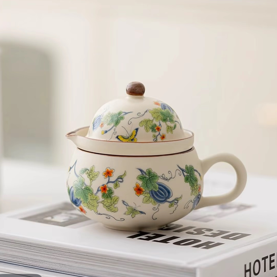 441 米黄汝窑茶咖杯旅行茶具一壶一杯轻奢陶瓷茶水分离办公室泡茶