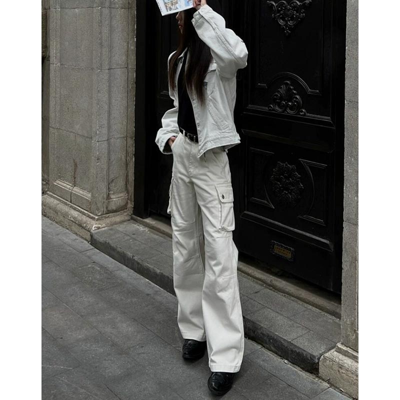 cleanfit骨白水洗白色牛仔裤男款春秋多口袋工装裤直筒伐木微喇裤