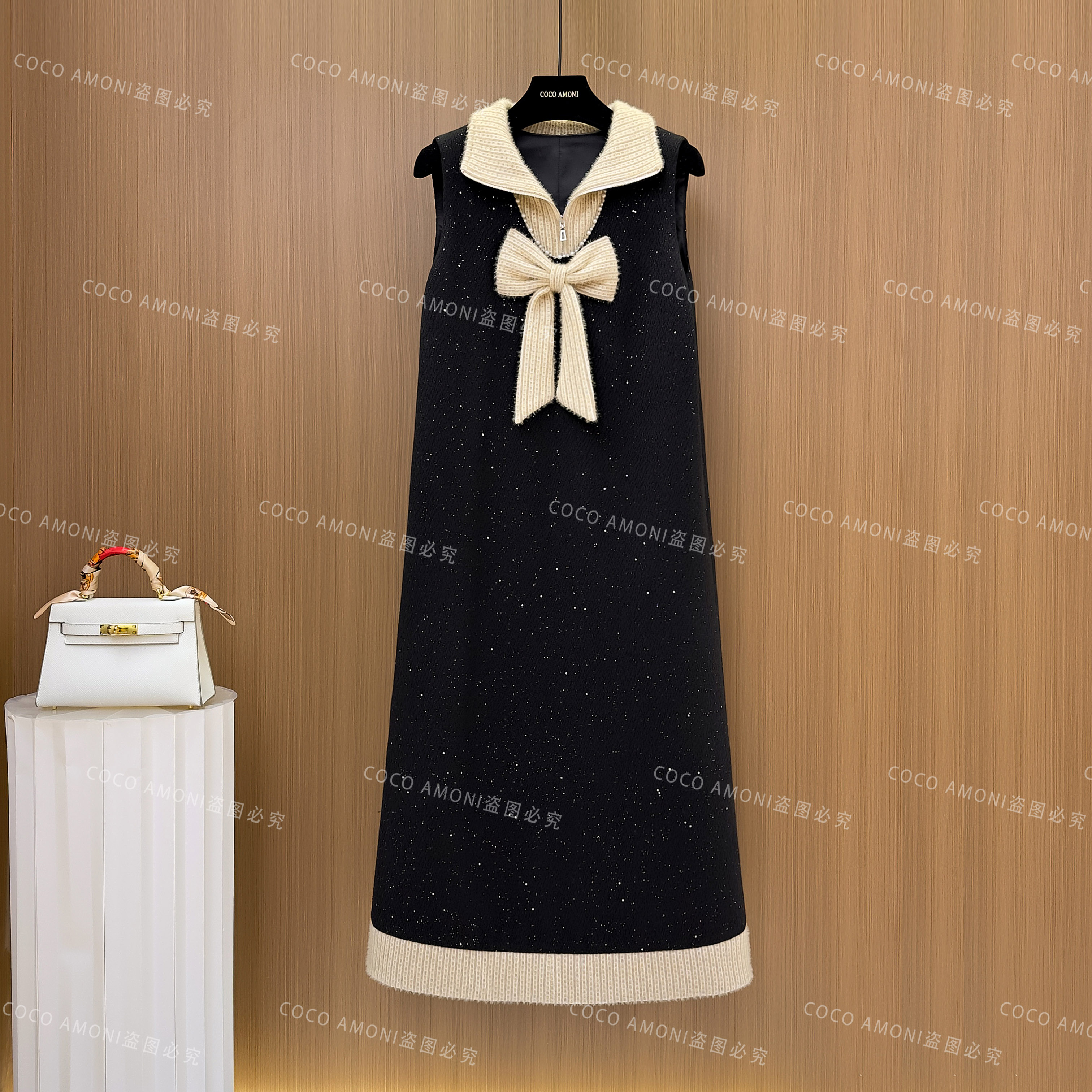 [曼姐]秋冬法式设计师女装拼接蝴蝶结收腰显瘦气质连衣裙WXH1047