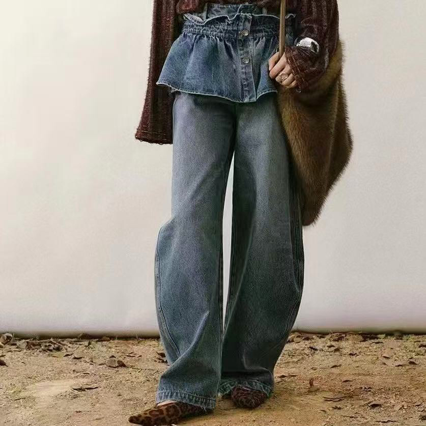 可拆卸花边腰封牛仔裤