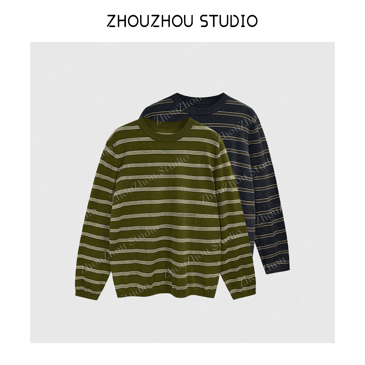 ZhouZhou25秋冬新品 复古条纹长袖针织衫圆领撞色条纹上衣