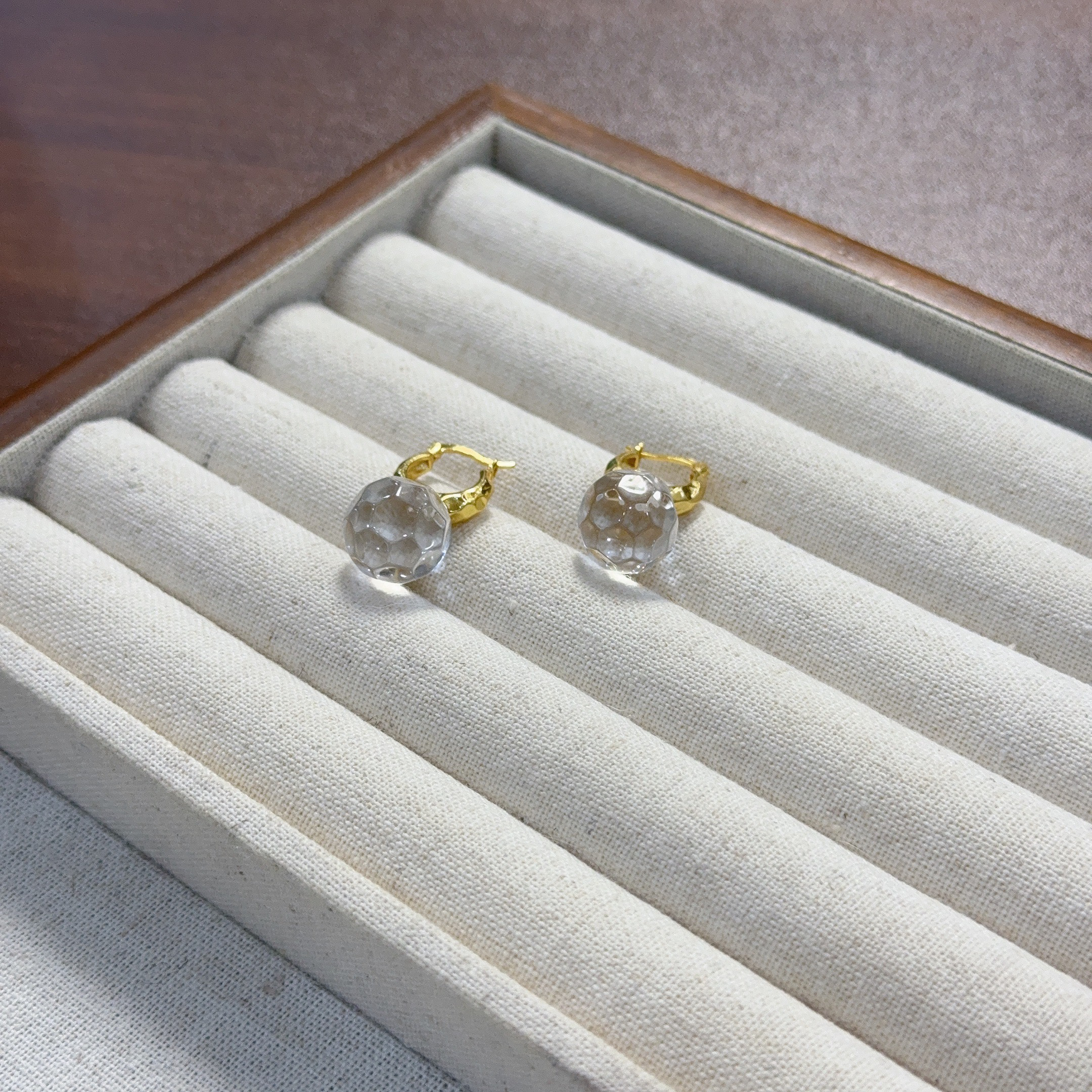 【灯花盛开】天然水晶双A级全净体白水晶耳扣L1110