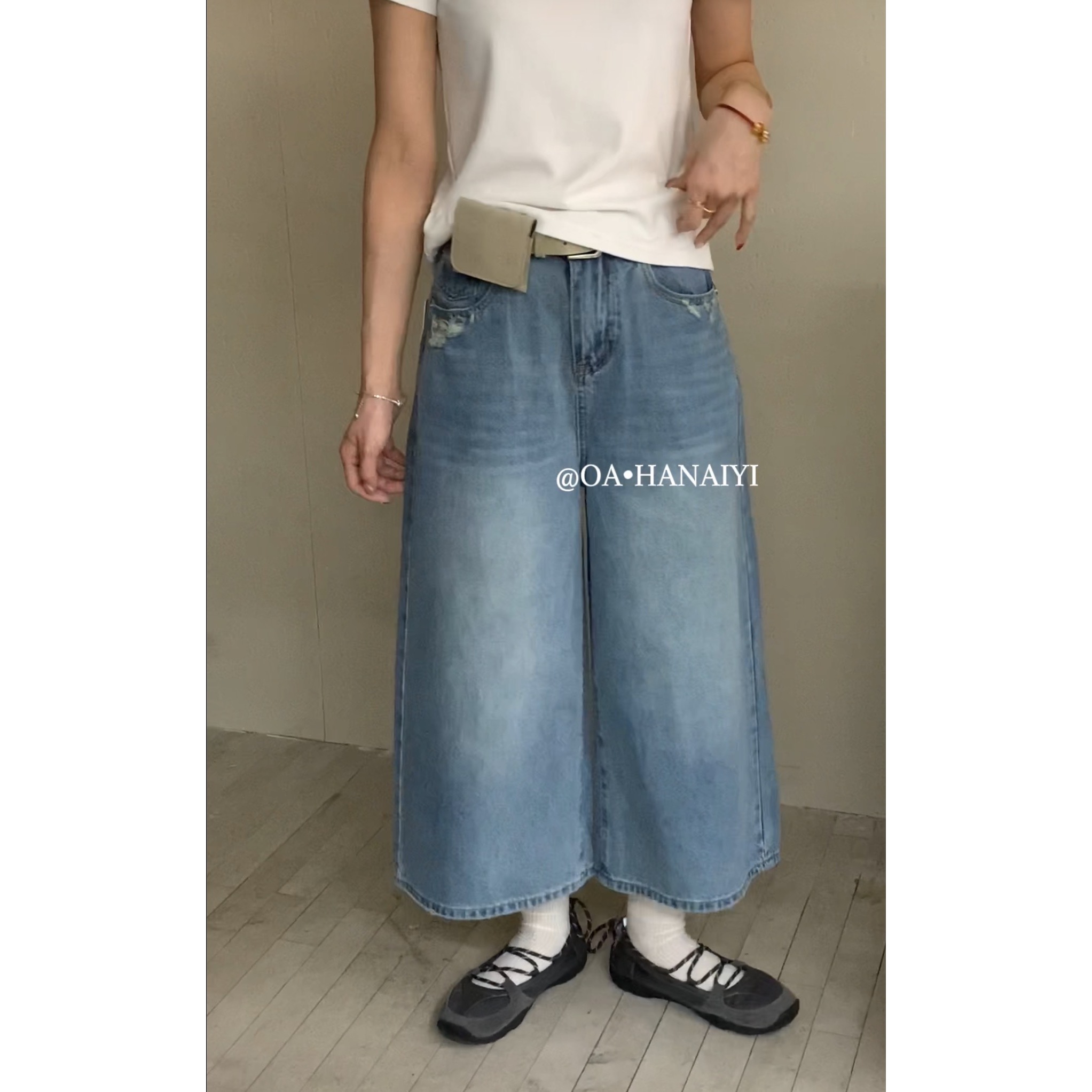 0036#简韩高腰百搭阔腿直筒牛仔八分裤（配腰包）