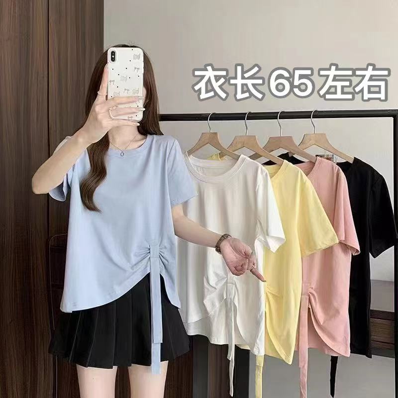 凤儿家-224319 设计感蝴蝶结褶皱圆领半袖上衣