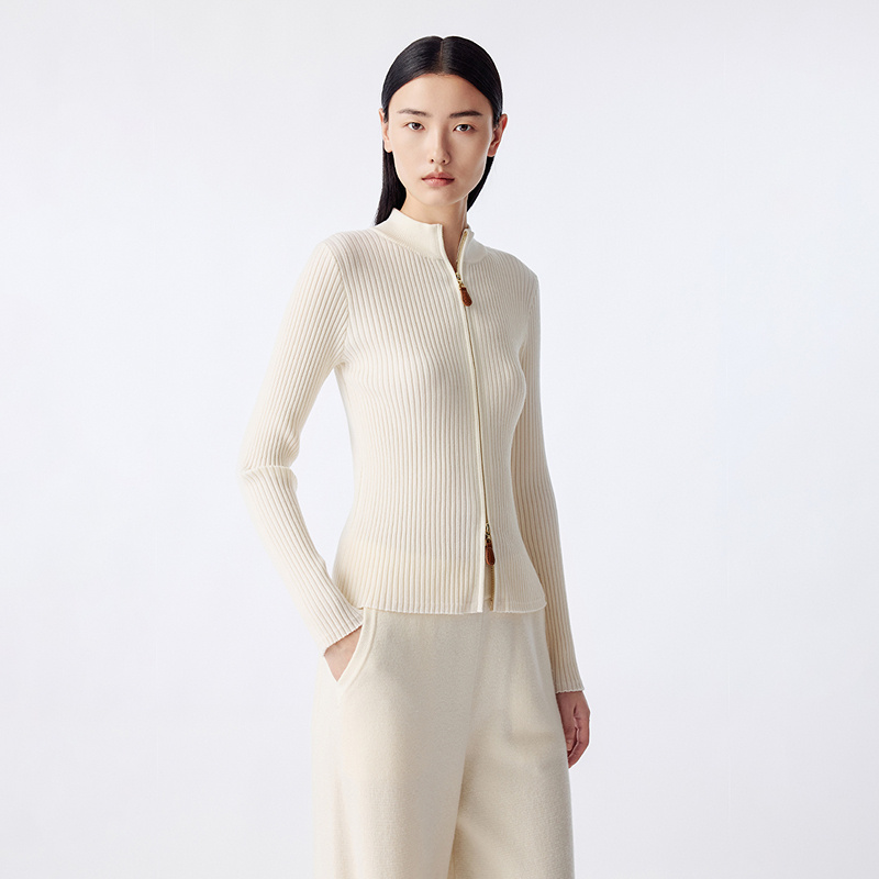 LANCY/朗姿2025冬新款休闲羊毛修身双拉链针织开衫简约立领上衣女