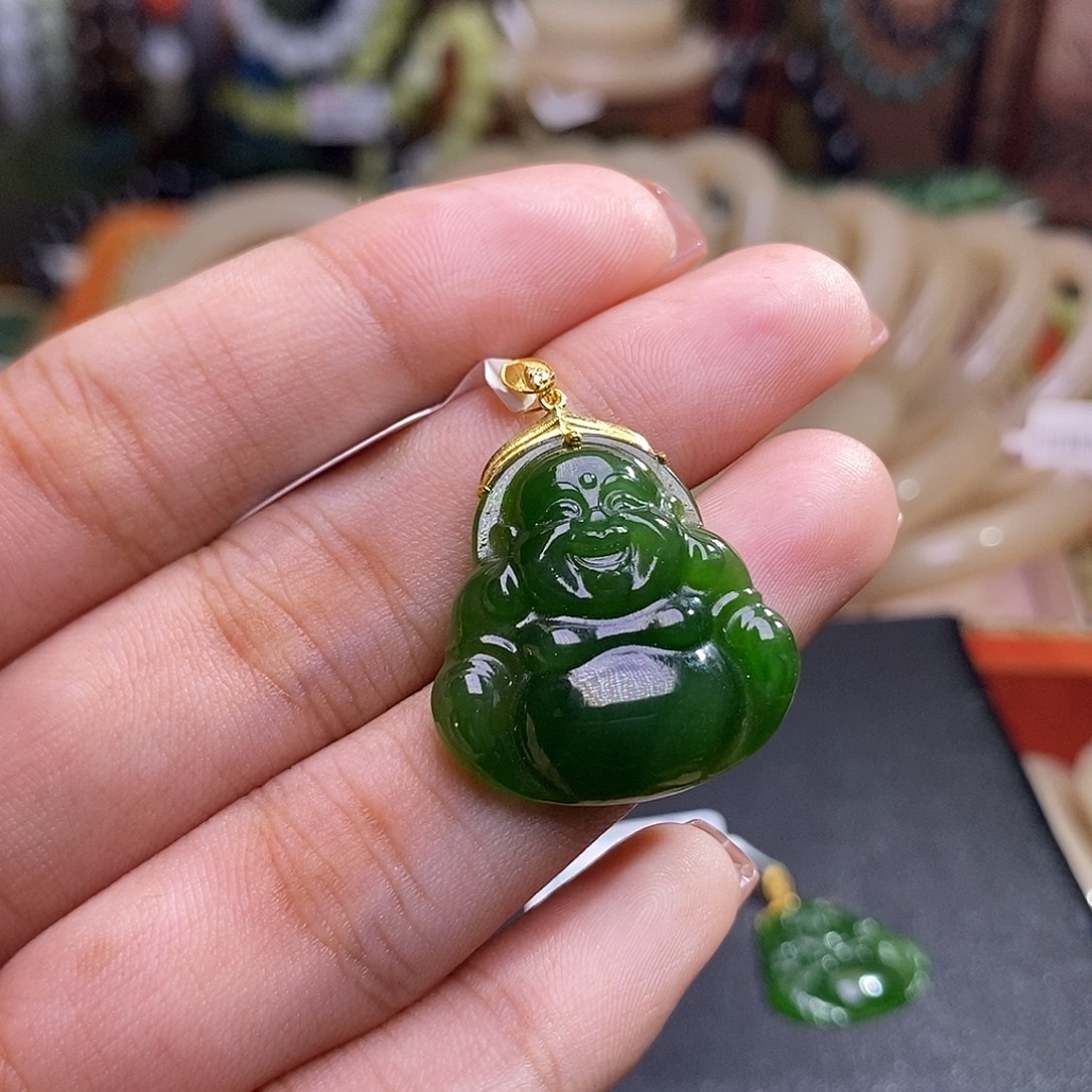 一***5手链未镶嵌和田玉碧玉辣绿菠菜绿金镶佛公