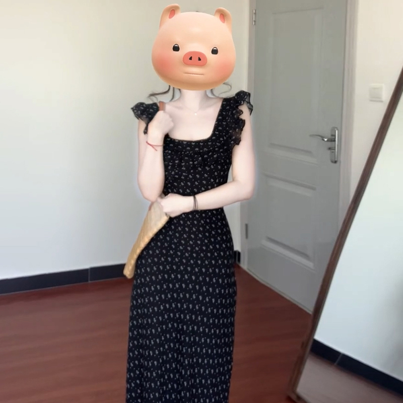 【现货+运补】黑色小飞袖碎花新款设计感收腰显瘦长裙2564