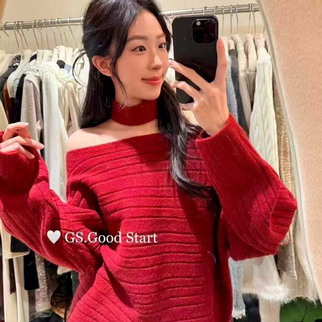 秋冬百搭慵懒风蝙蝠袖斜肩短款针织毛衣