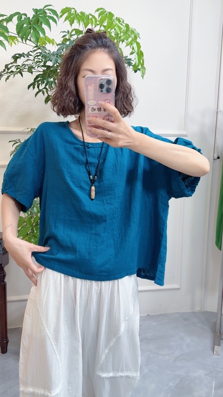 青禾-夏季新款时尚百搭纯棉双层纱盘扣圆领短袖ZZ2