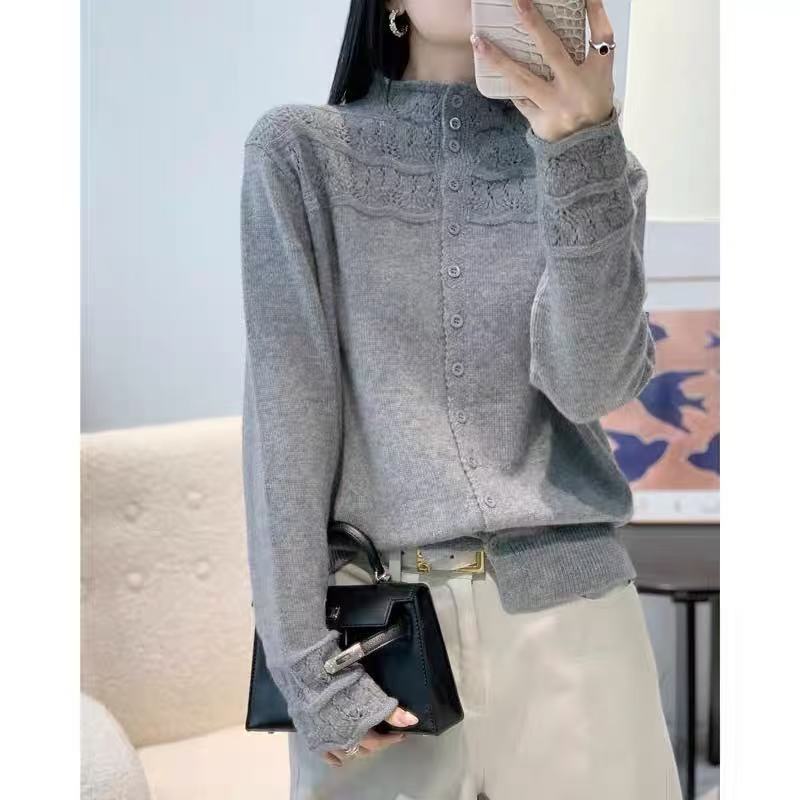羊毛提花半高领单排扣针织上衣长袖显瘦毛衣装饰大码高级感针织衫