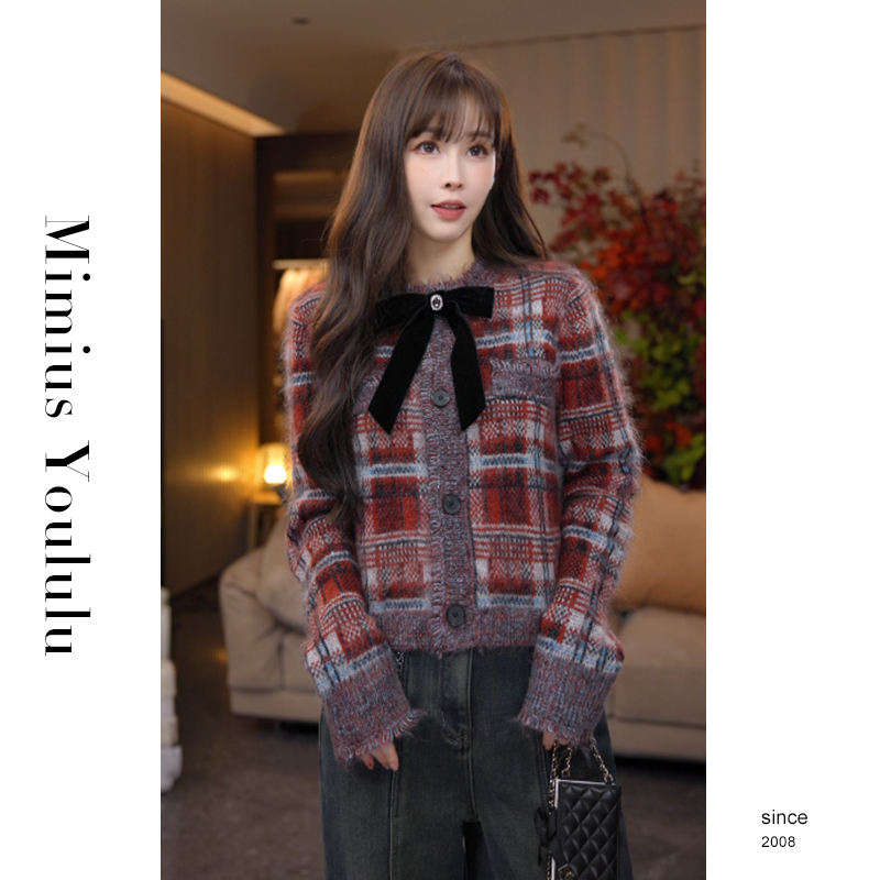 【mimius】喵喵 复古格纹流苏马海毛针织开衫 WF10128
