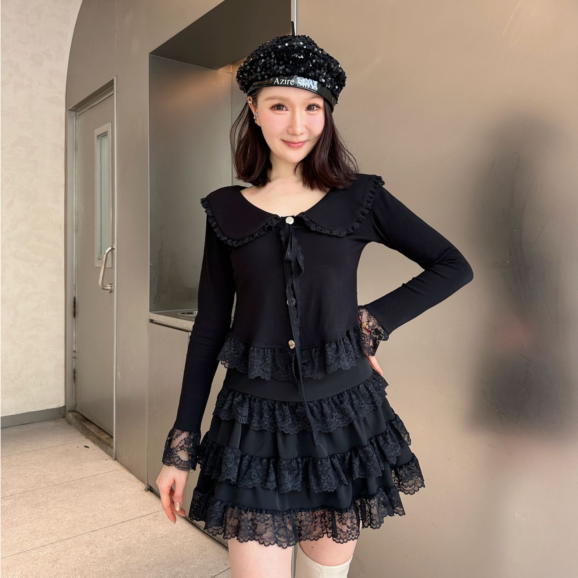 三层蕾丝花边拼接大荷叶边新品高腰显瘦半身裙时尚不规则a字短裙