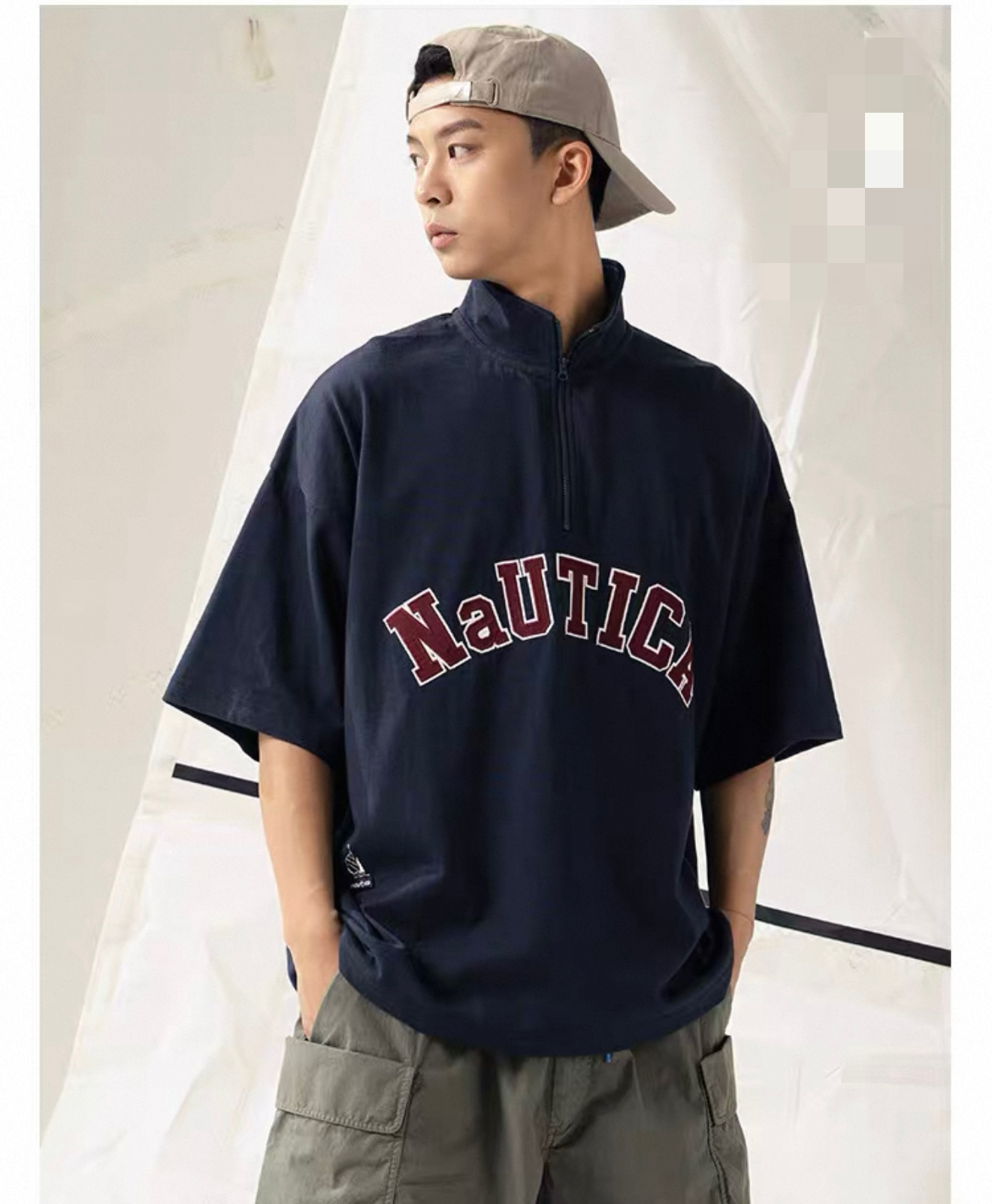 日系潮牌短袖 男女同款 宽松短袖 半拉锁短袖 立领短袖 重磅棉