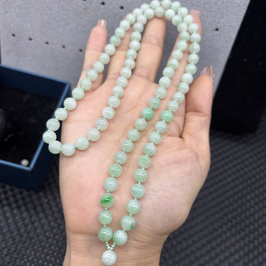 高端天然缅甸A货翡翠冰种苹果绿圆珠7mm玉石挂件绳项链毛衣链百搭