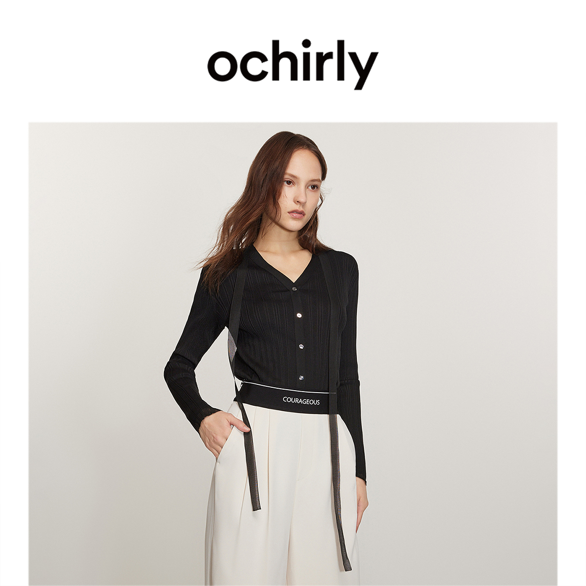 欧时力高支高密针织外套内搭上衣V领飘带显瘦坑条