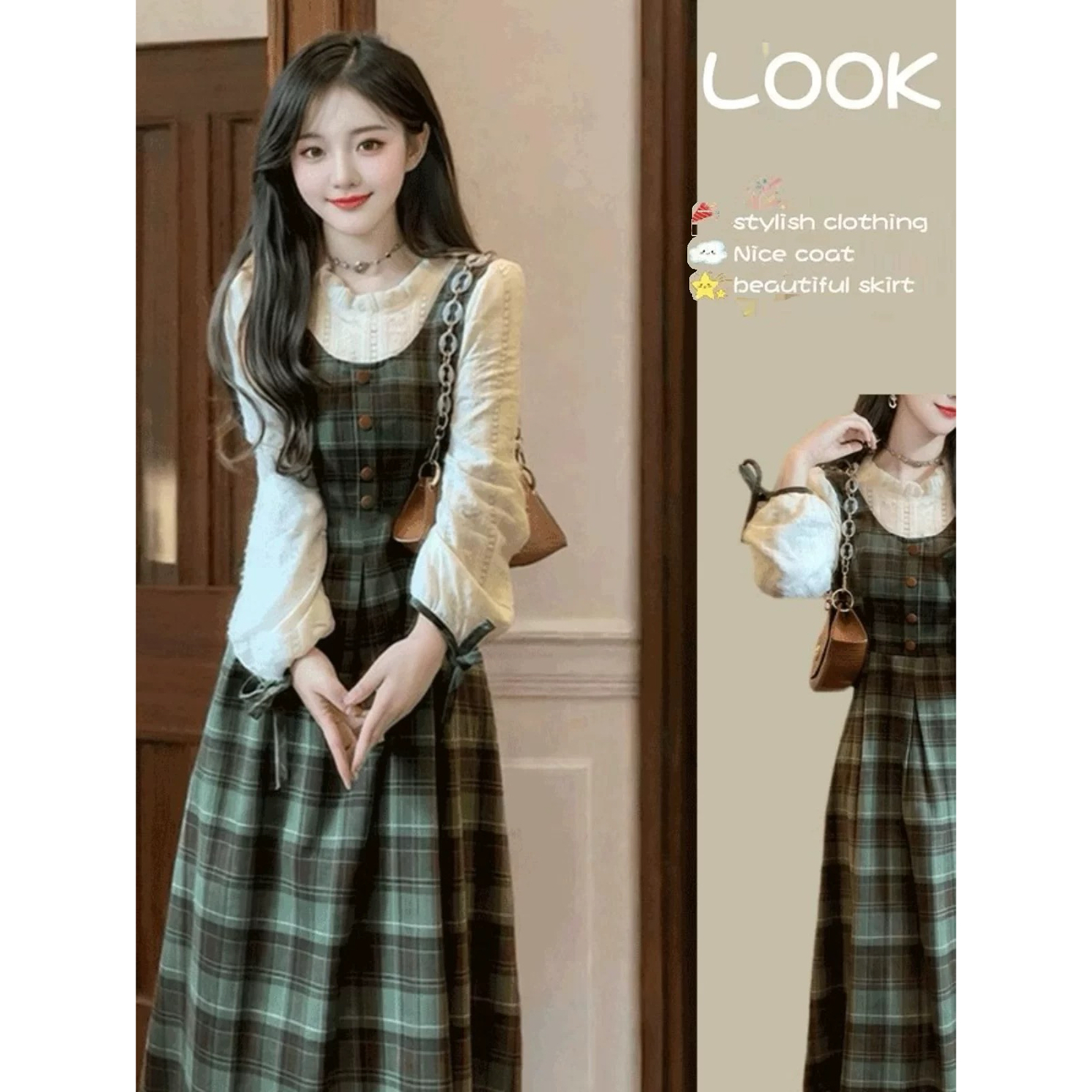 森系复古假两件泡泡袖连衣裙女2025秋冬收腰显瘦拼接洋气长裙女1