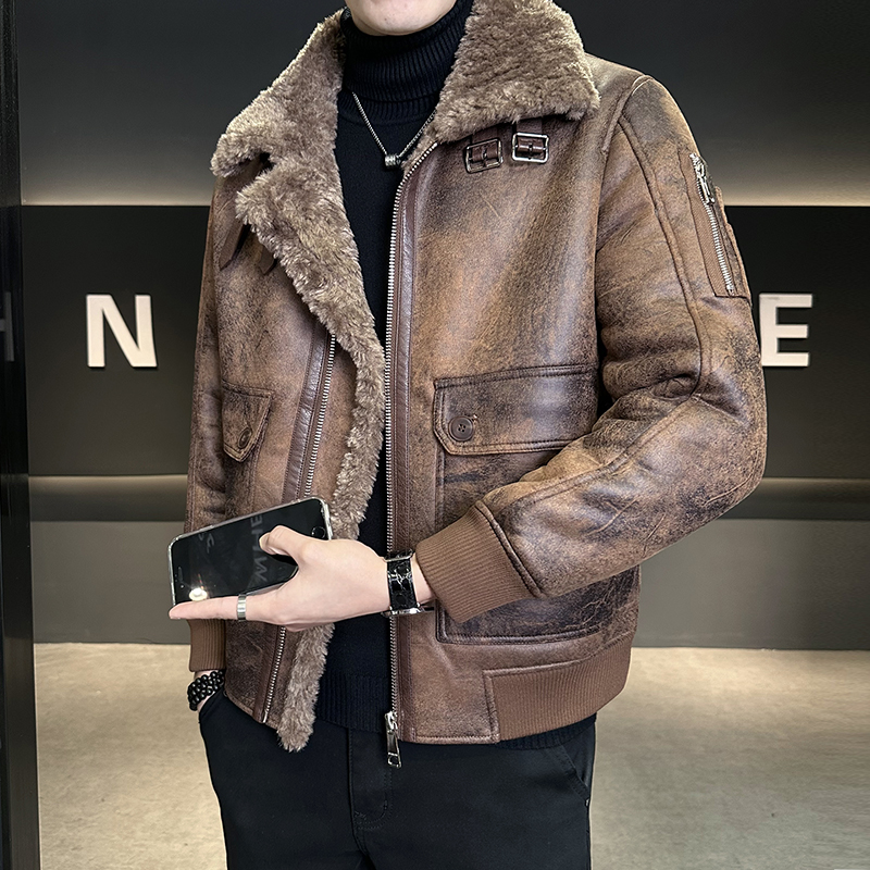 加厚皮衣男翻领皮毛一体时尚休闲潮流保暖痞帅短款秋冬季男士外套